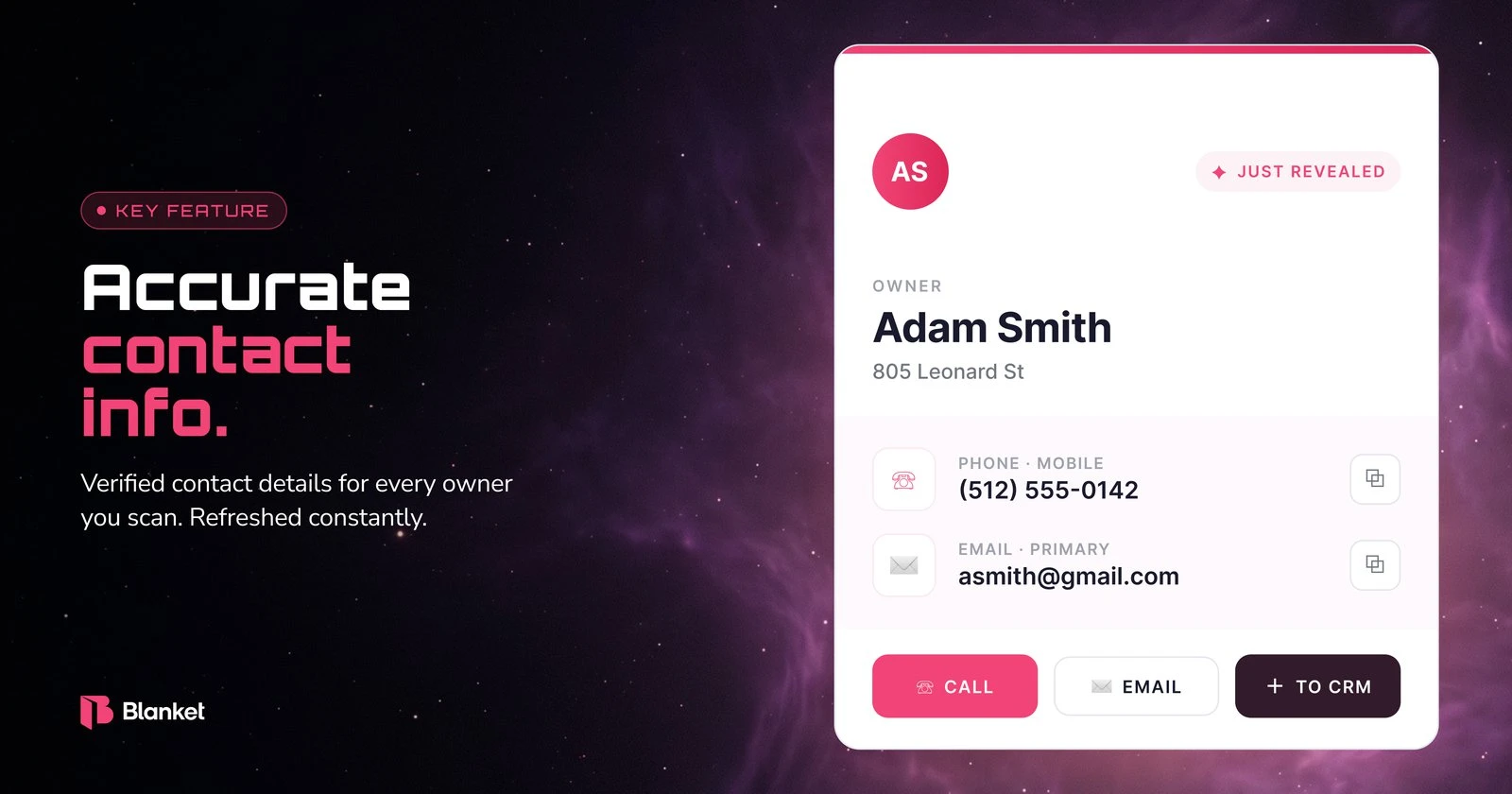 Lead Finder key feature: verified contact details for an owner, revealed with one click