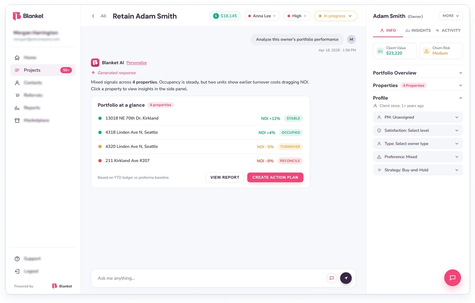 Super PM screenshot: an owner’s portfolio at a glance next to the AI assistant