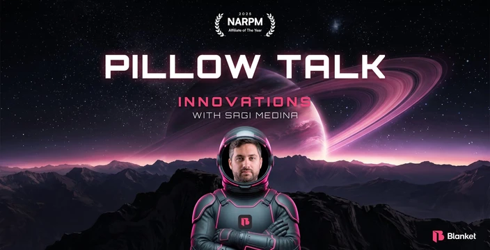 Pillow Talk Innovations banner: Sagi Medina in a space suit under a ringed planet
