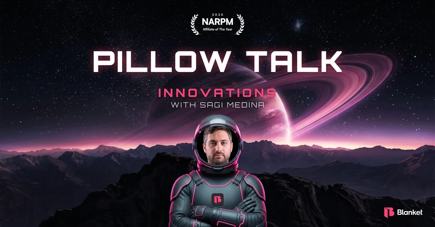 Pillow Talk Innovations banner: Sagi Medina in a space suit under a ringed planet