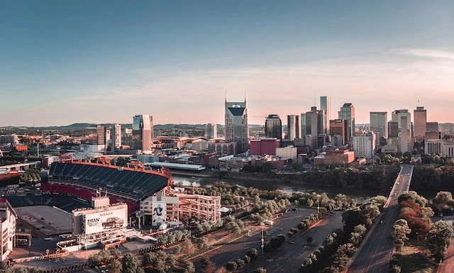 Downtown Nashville skyline at sunset