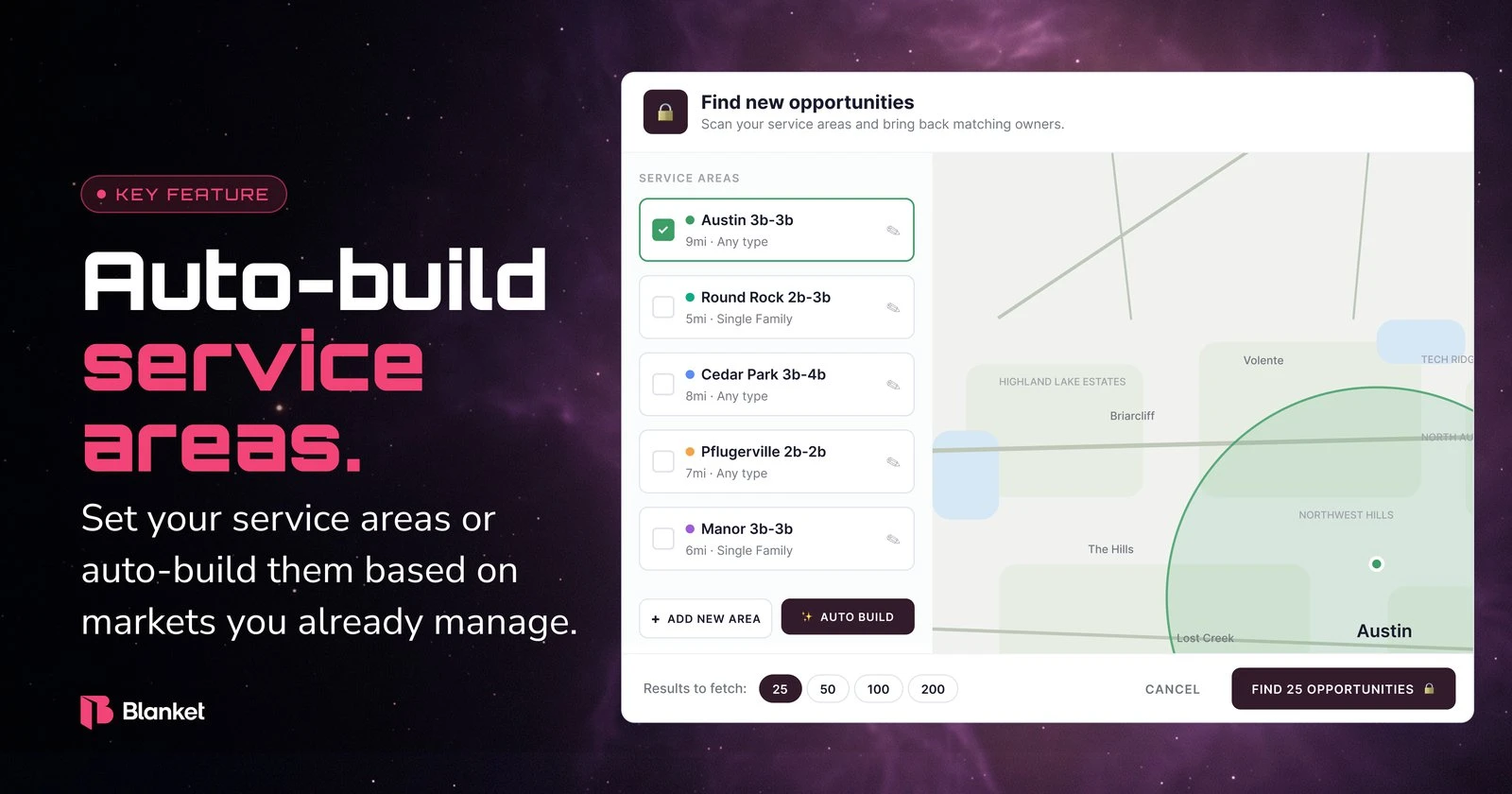 Lead Finder key feature: auto-build service areas from the markets you already manage