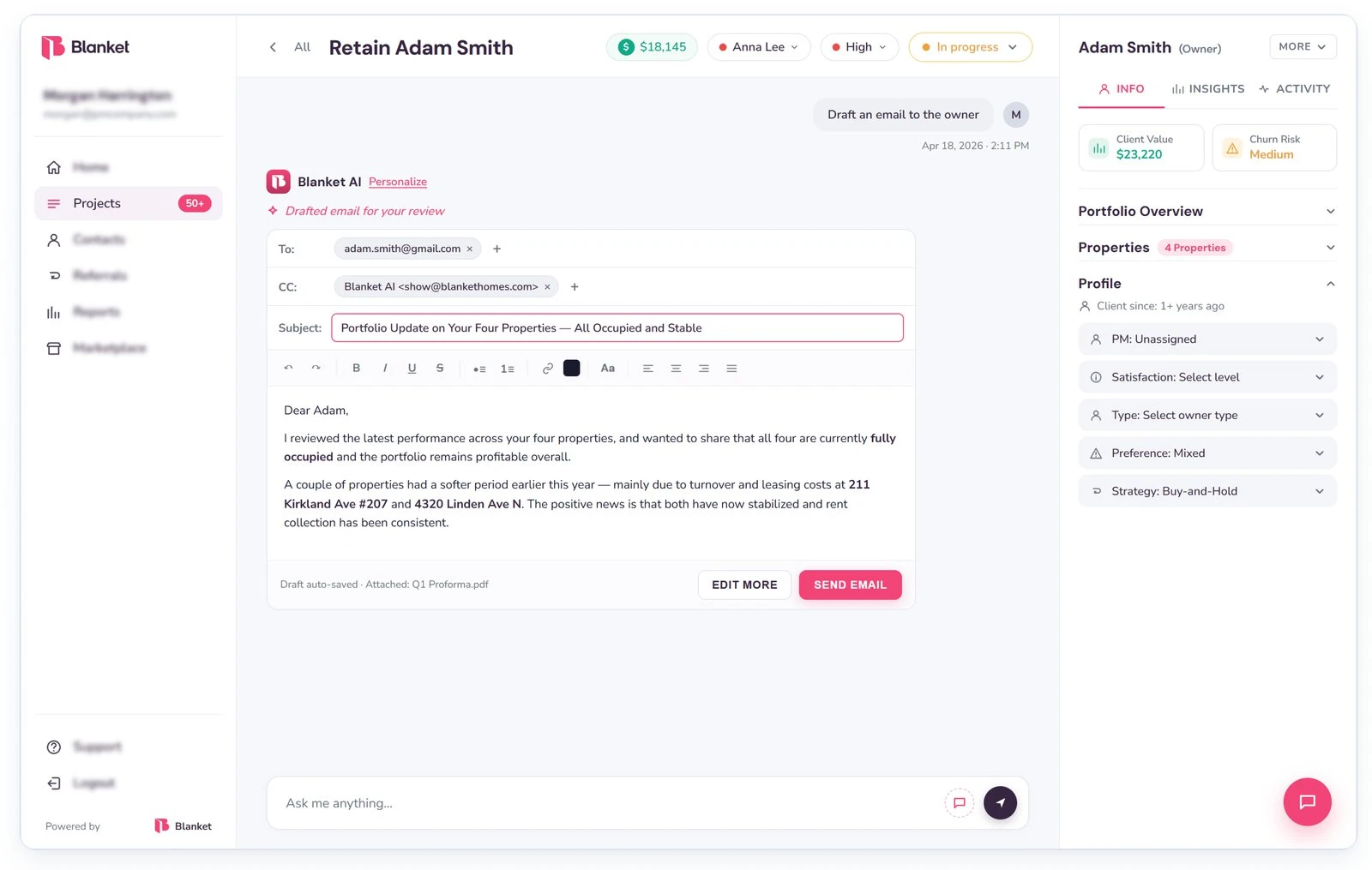 Super PM screenshot: an owner email drafted for review before it is sent