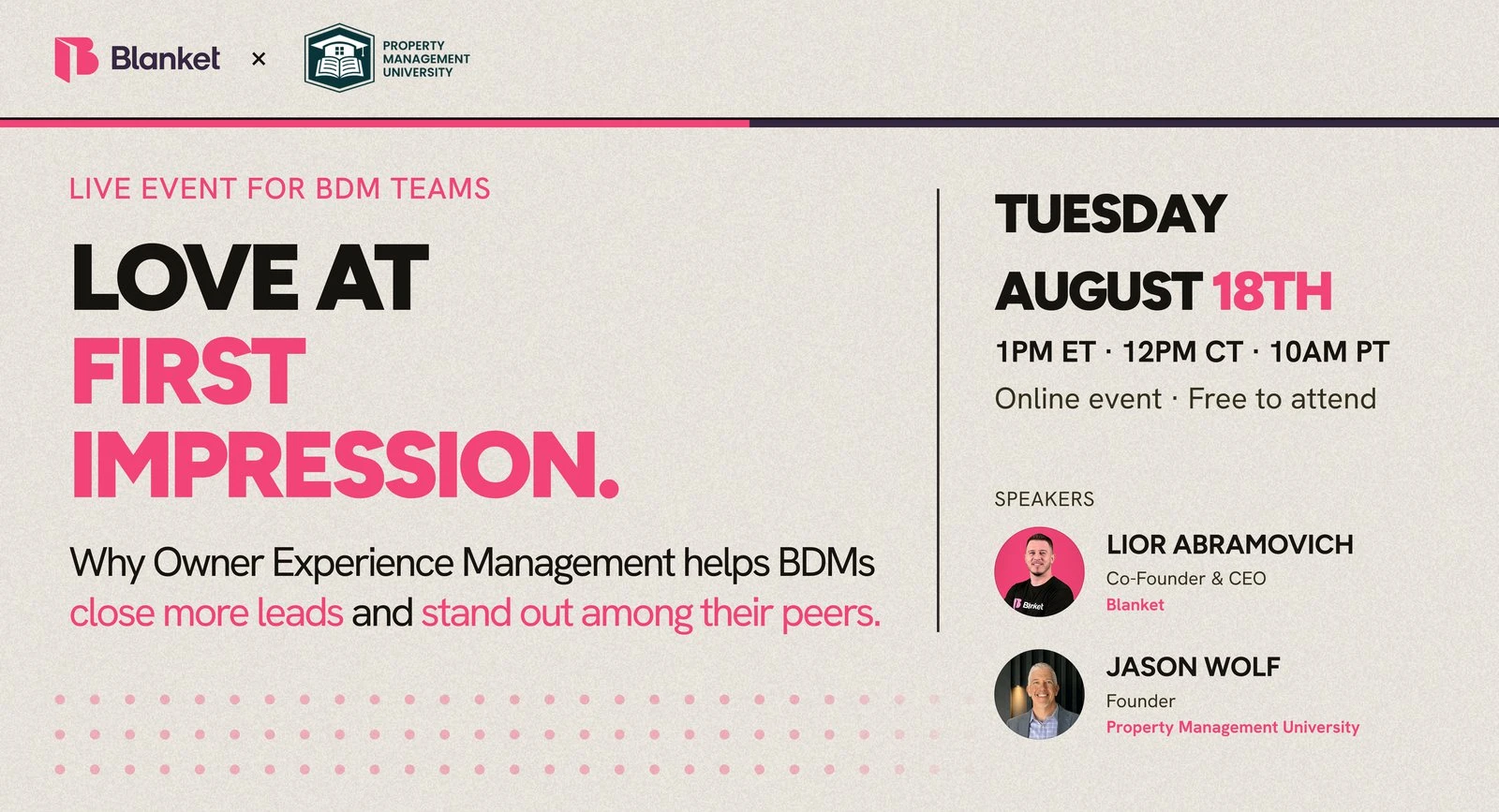Love at First Impression: a live event for BDM teams on Tuesday, August 18th with Lior Abramovich and Jason Wolf