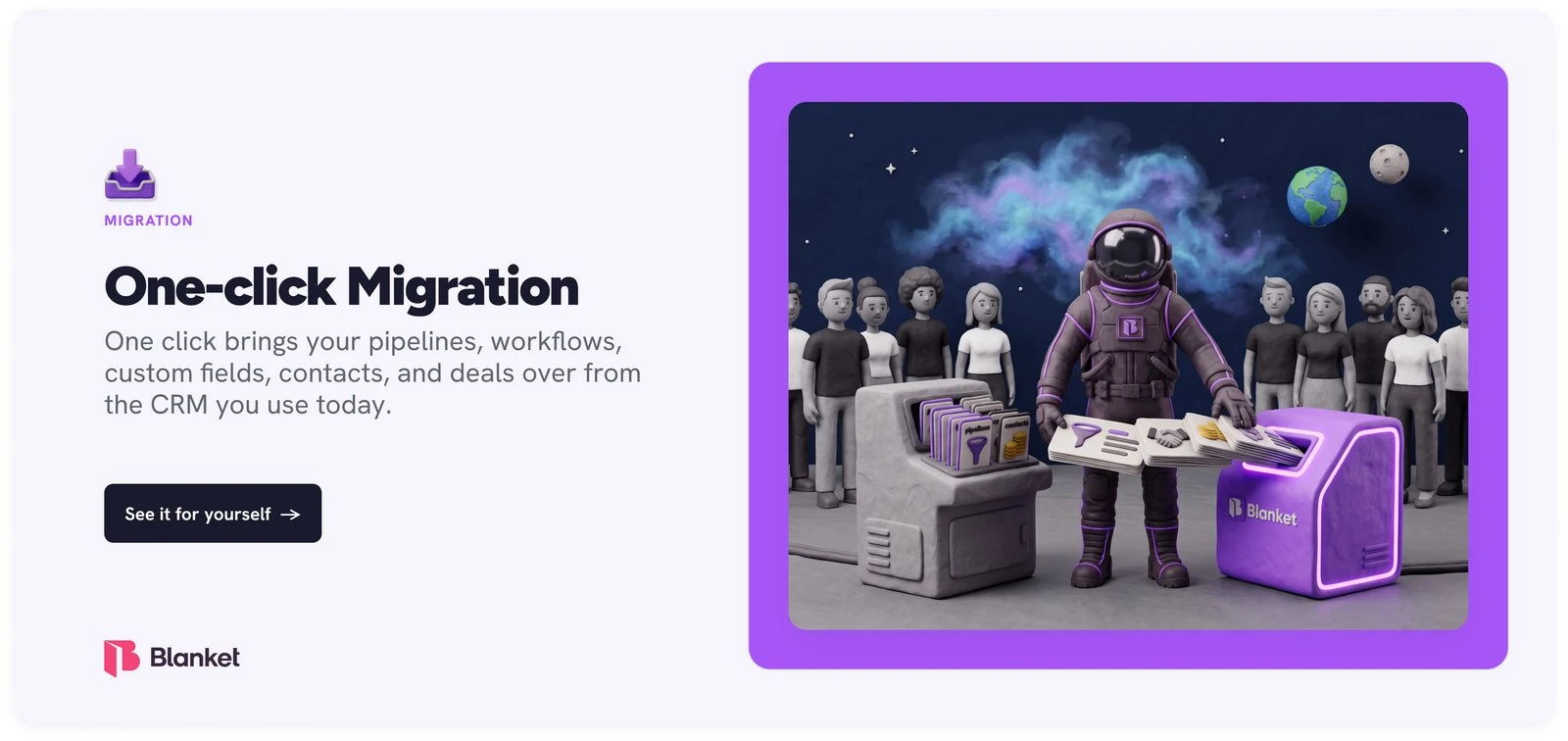 One-click migration: pipelines, workflows, custom fields, contacts and deals brought over from the CRM you use today