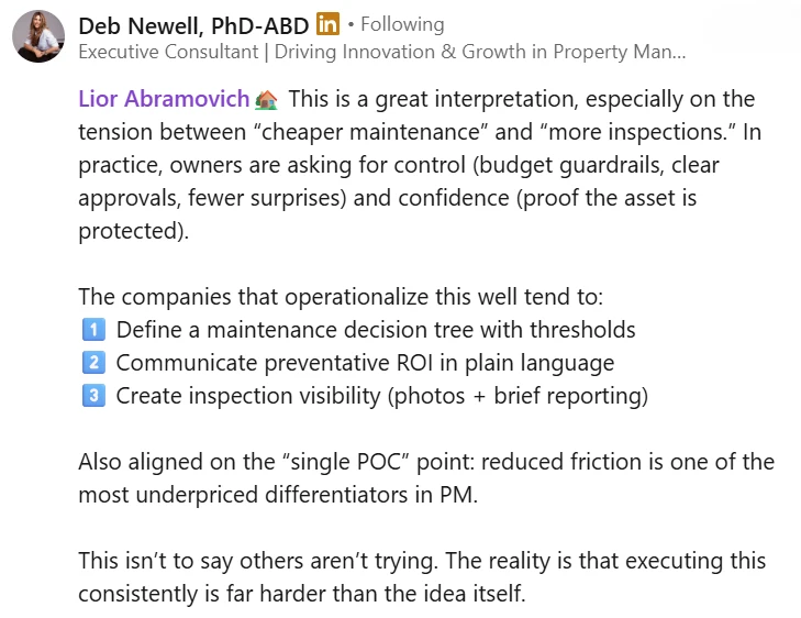 Screenshot: Deb Newell’s LinkedIn reply on balancing owner control and confidence around maintenance and inspections