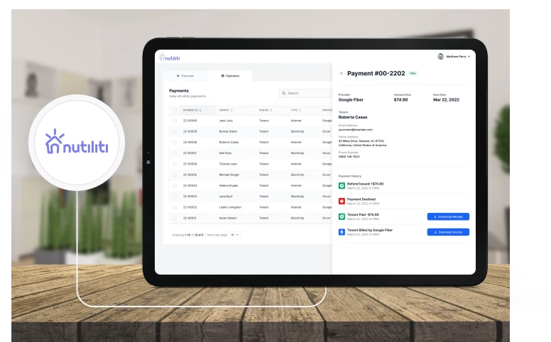 Nutiliti utility management dashboard on a tablet, showing a tenant payment record