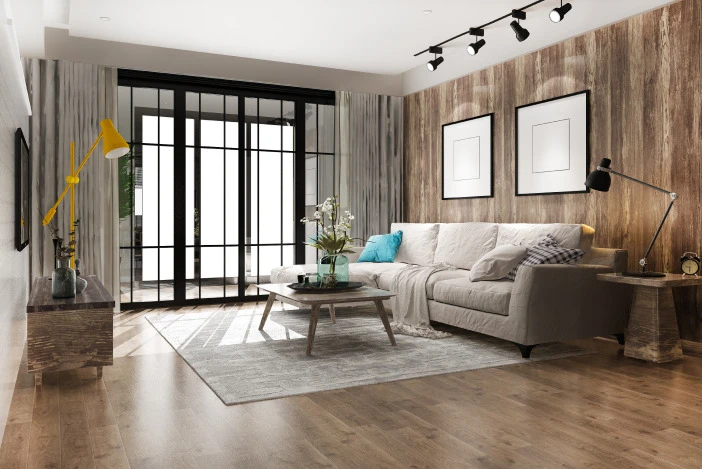 Modern, staged living room in a well-maintained rental property