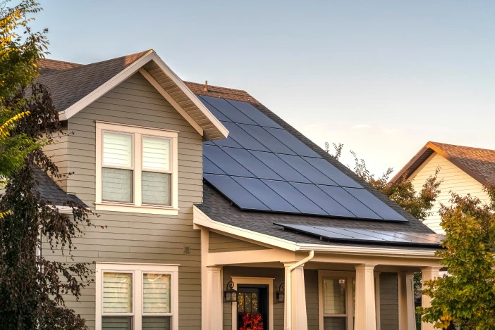 Exterior of a home with solar panels on the roof