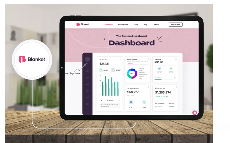 Blanket’s Owner Investment Dashboard on a tablet showing cash flow, expenses, and portfolio value