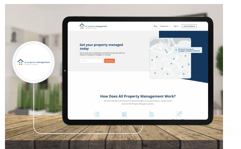 All Property Management website on a tablet, showing its property manager search map