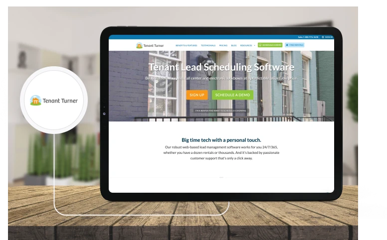 Tenant Turner website on a tablet, advertising tenant lead scheduling software