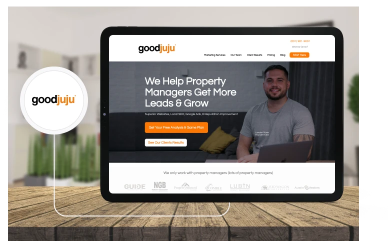 Goodjuju marketing website on a tablet, promoting lead generation for property managers