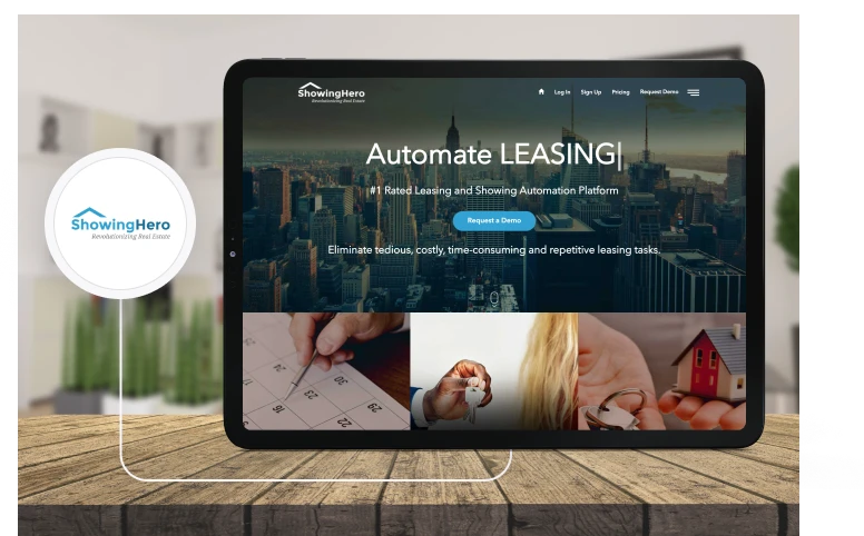 ShowingHero website on a tablet, advertising its leasing and showing automation platform