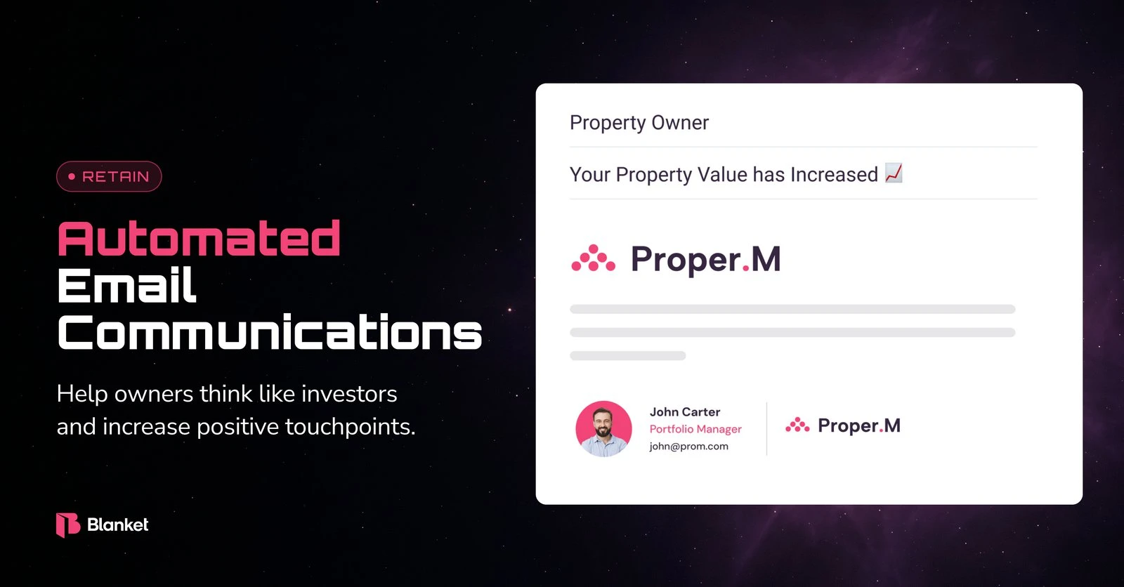 Automated email communications: an owner email about an increased property value, branded for the property manager