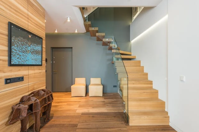 Interior of a modern house with lots of wood