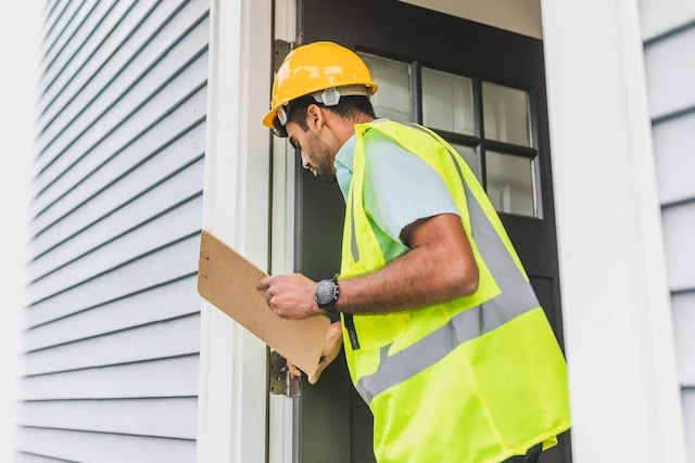 Inspector in a yellow high-visibility vest and hard hat approaching a door while holding a clipboard