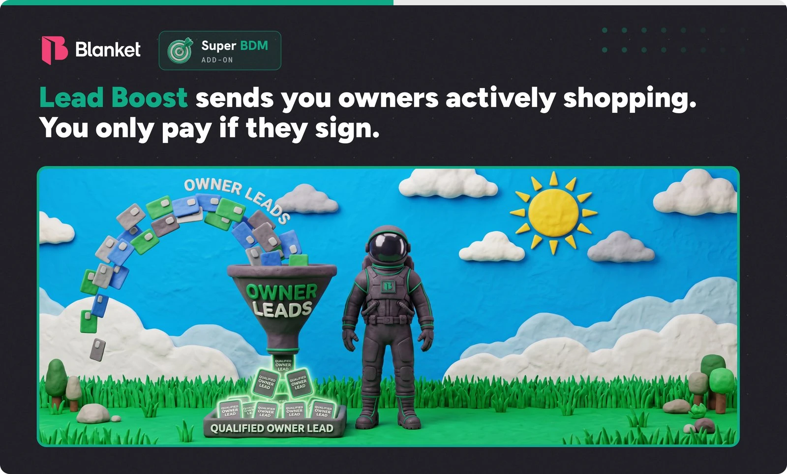 Lead Boost, a Super BDM add-on, sends you owners actively shopping and you only pay if they sign: owner leads pour through a funnel into qualified owner leads