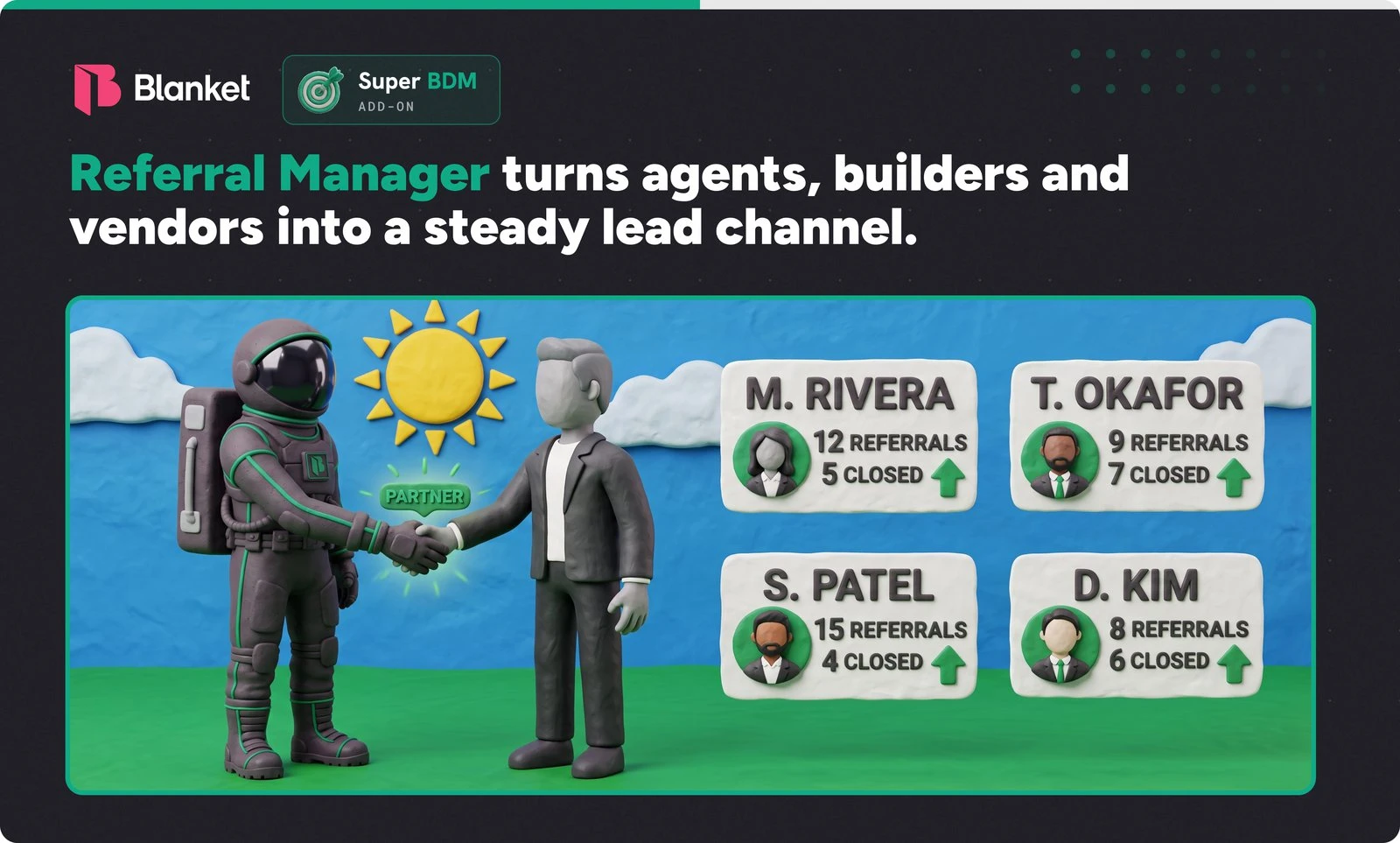 Referral Manager, a Super BDM add-on, turns agents, builders and vendors into a steady lead channel: the Blanket astronaut shakes hands with a partner beside referral and closing counts