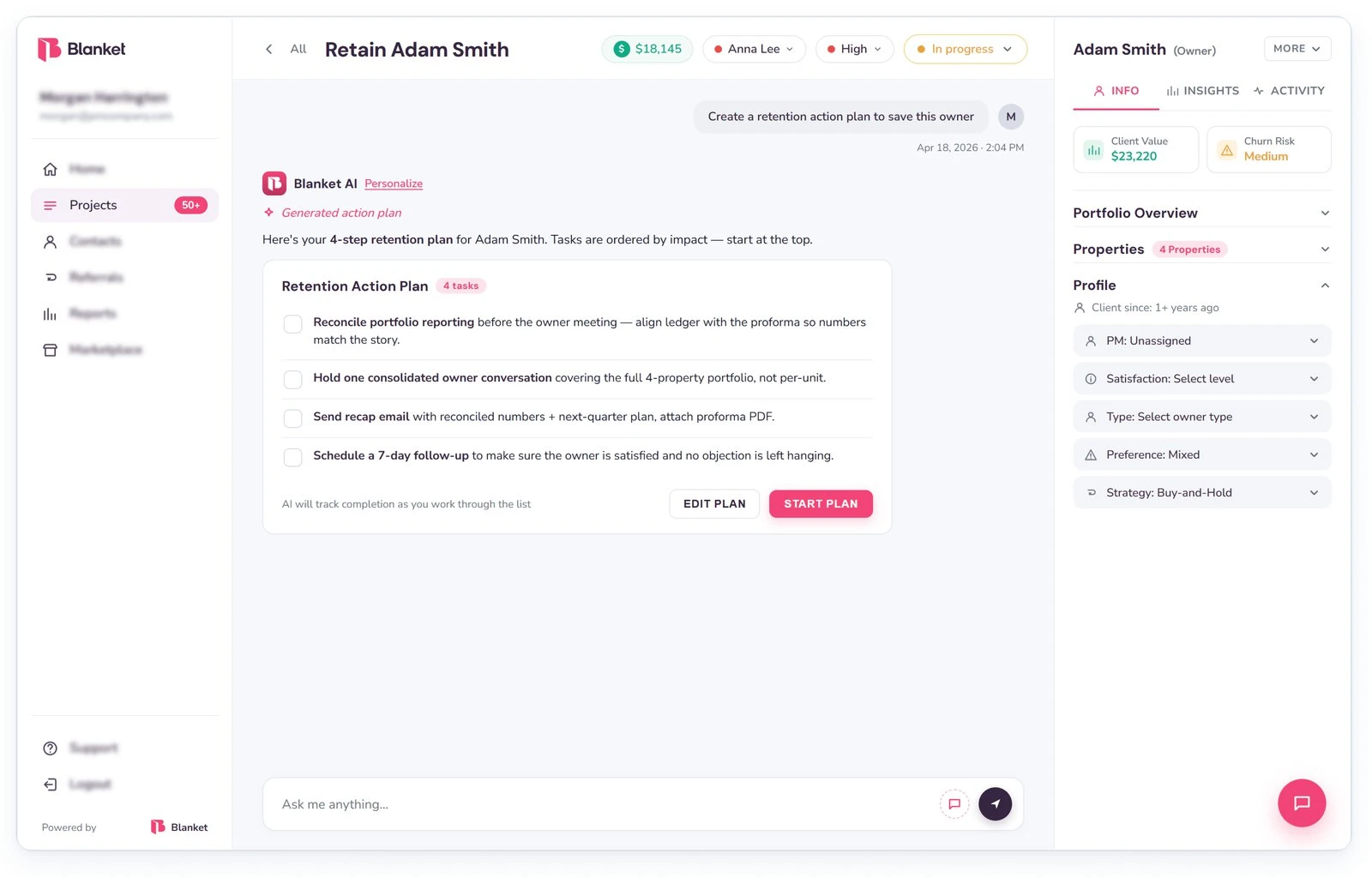 Super PM screenshot: a retention action plan for an at-risk owner