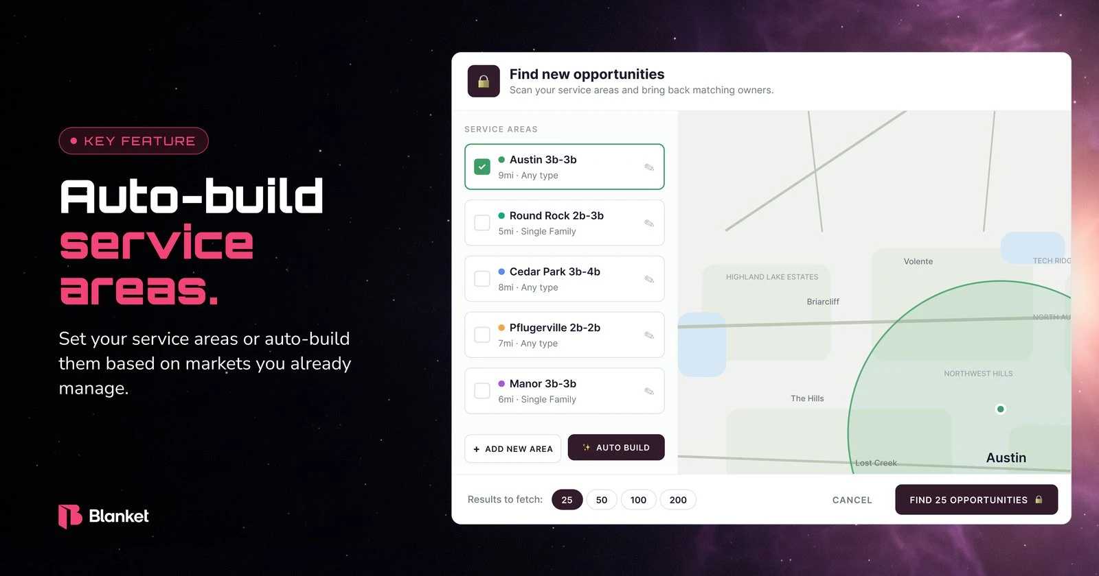 Lead Finder key feature: auto-build service areas from the markets you already manage
