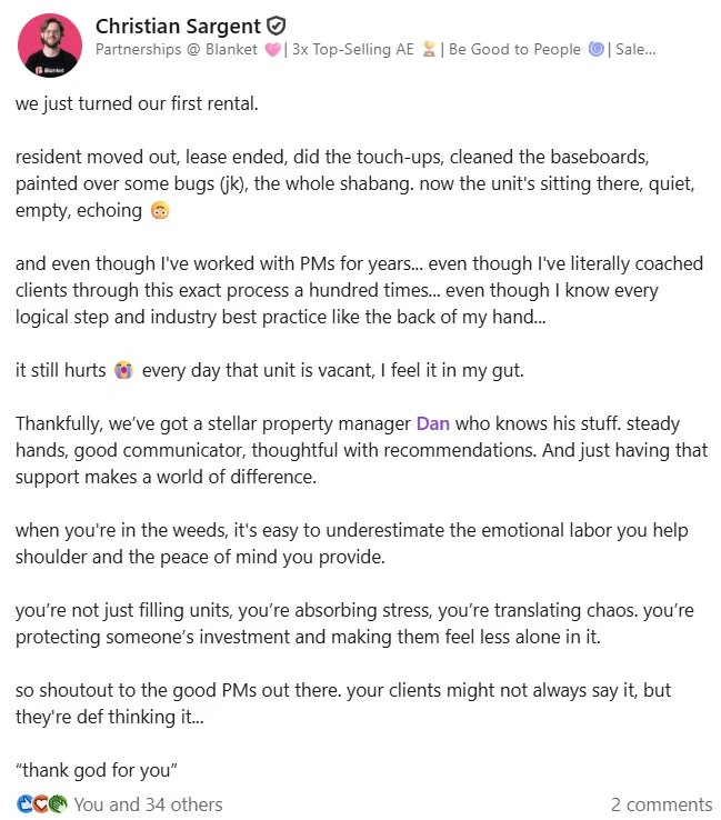 LinkedIn post by property manager Christian Sargent about turning over his first rental and what his property manager took off his plate