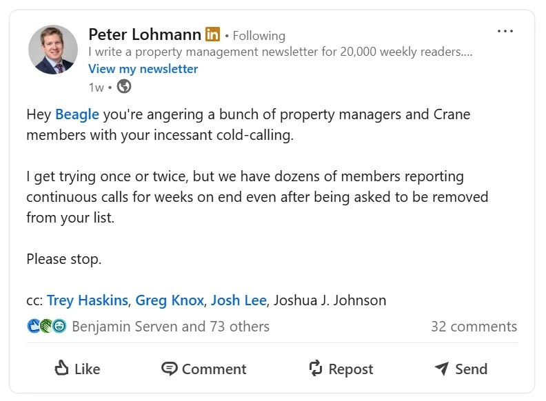 LinkedIn post by Peter Lohmann asking a vendor to stop cold-calling property managers