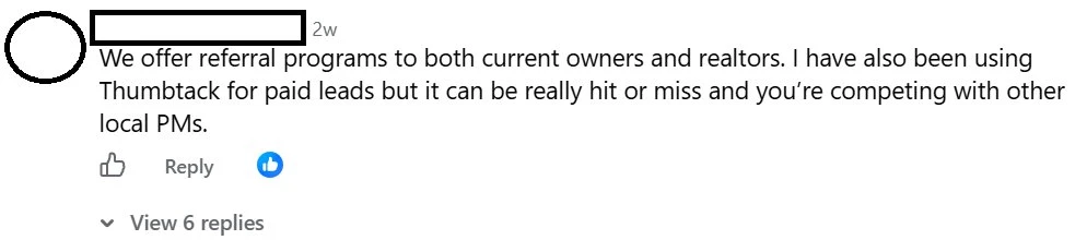 Facebook comment from a property manager: referral programs for current owners and realtors, and Thumbtack paid leads that are hit or miss against other local PMs