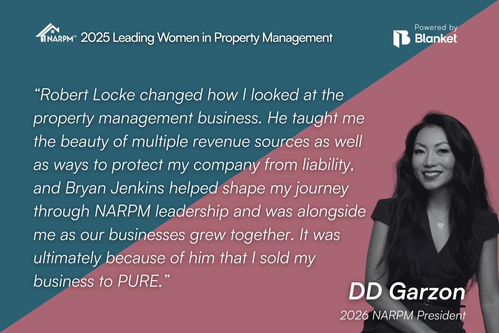 Quote card from DD Garzon, 2026 NARPM President, on Robert Locke and Bryan Jenkins as mentors