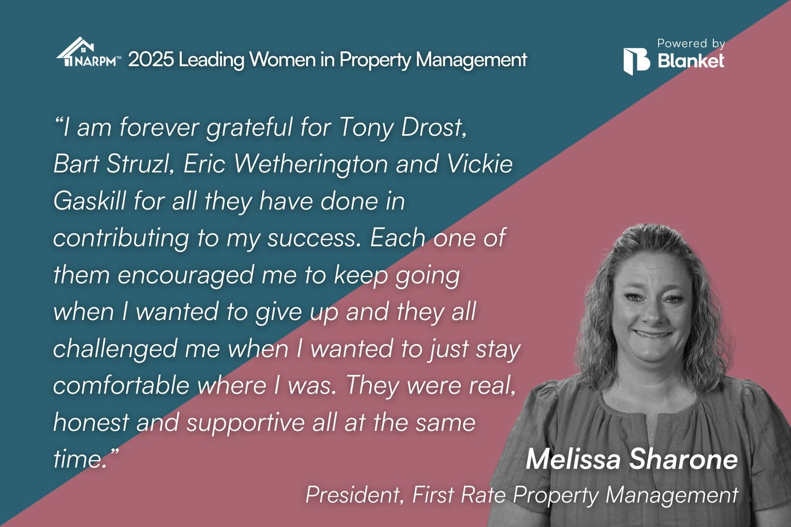 Quote card from Melissa Sharone, President, First Rate Property Management, on the mentors who challenged her