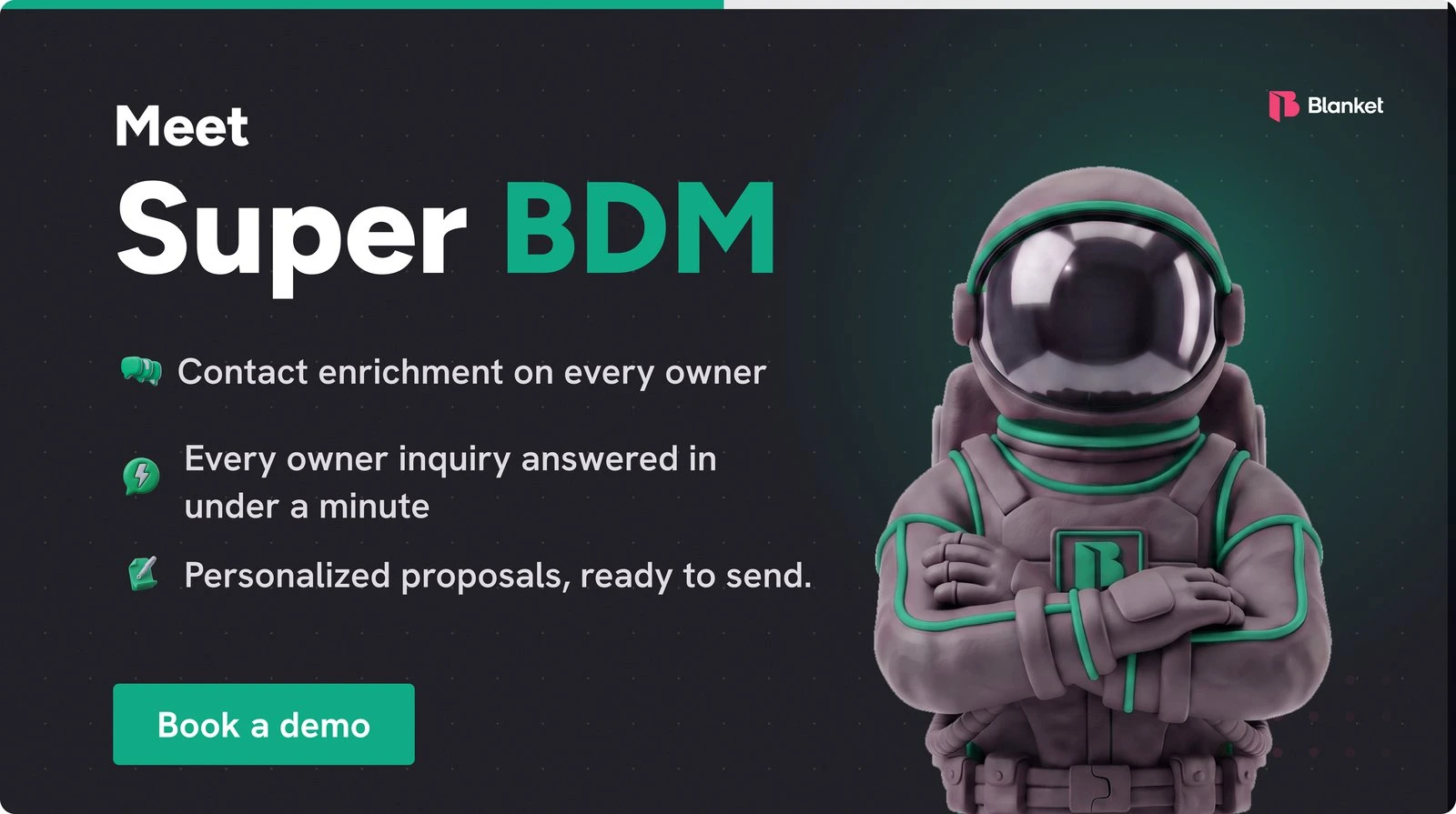 Meet Super BDM: contact enrichment on every owner, every owner inquiry answered in under a minute, personalized proposals ready to send