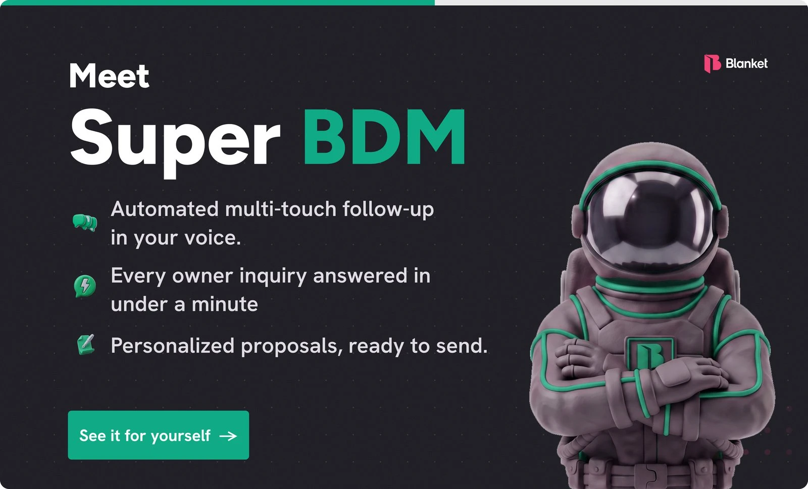 Meet Super BDM: automated multi-touch follow-up in your voice, every owner inquiry answered in under a minute, personalized proposals ready to send
