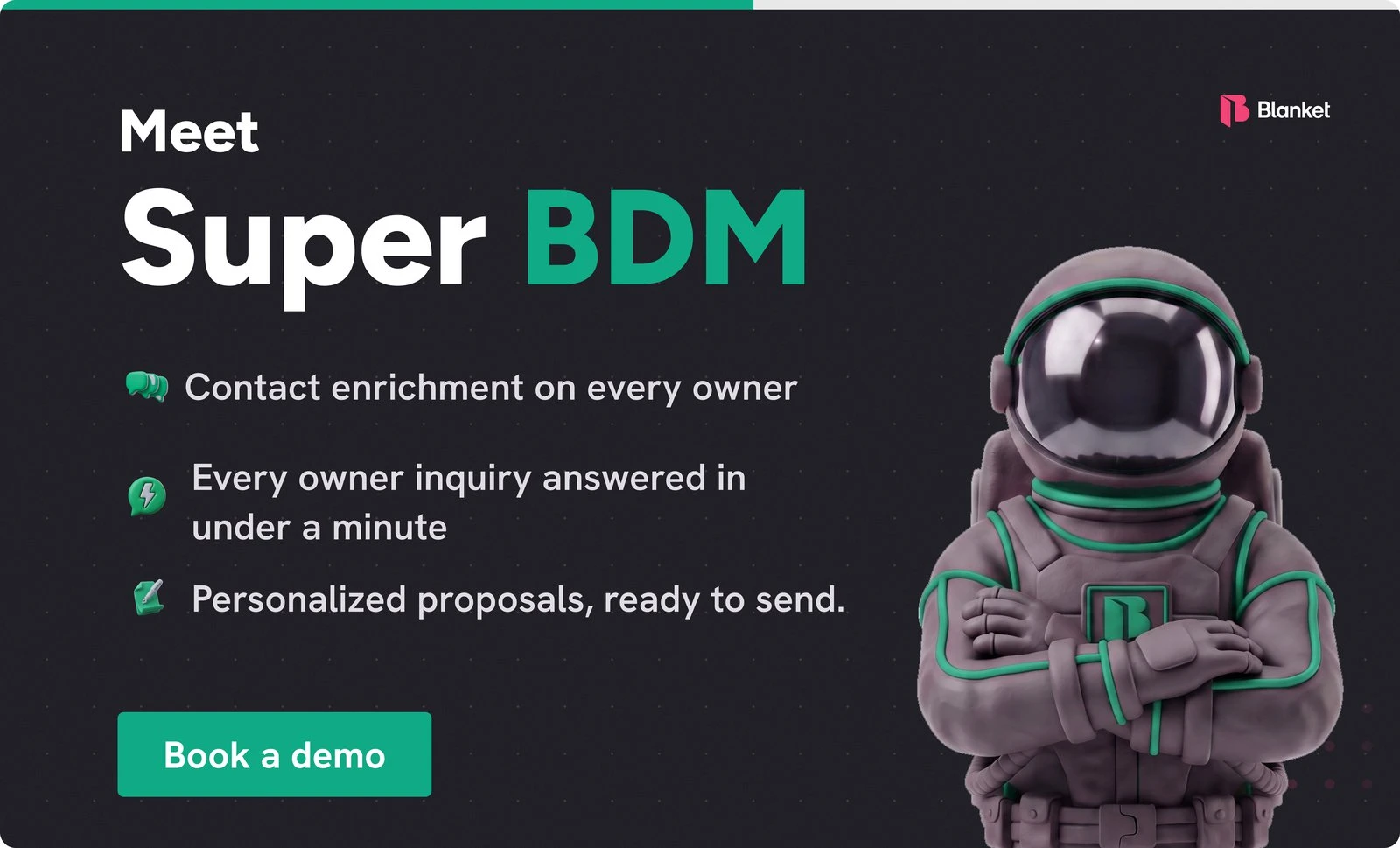 Meet Super BDM: contact enrichment on every owner, every owner inquiry answered in under a minute, personalized proposals ready to send