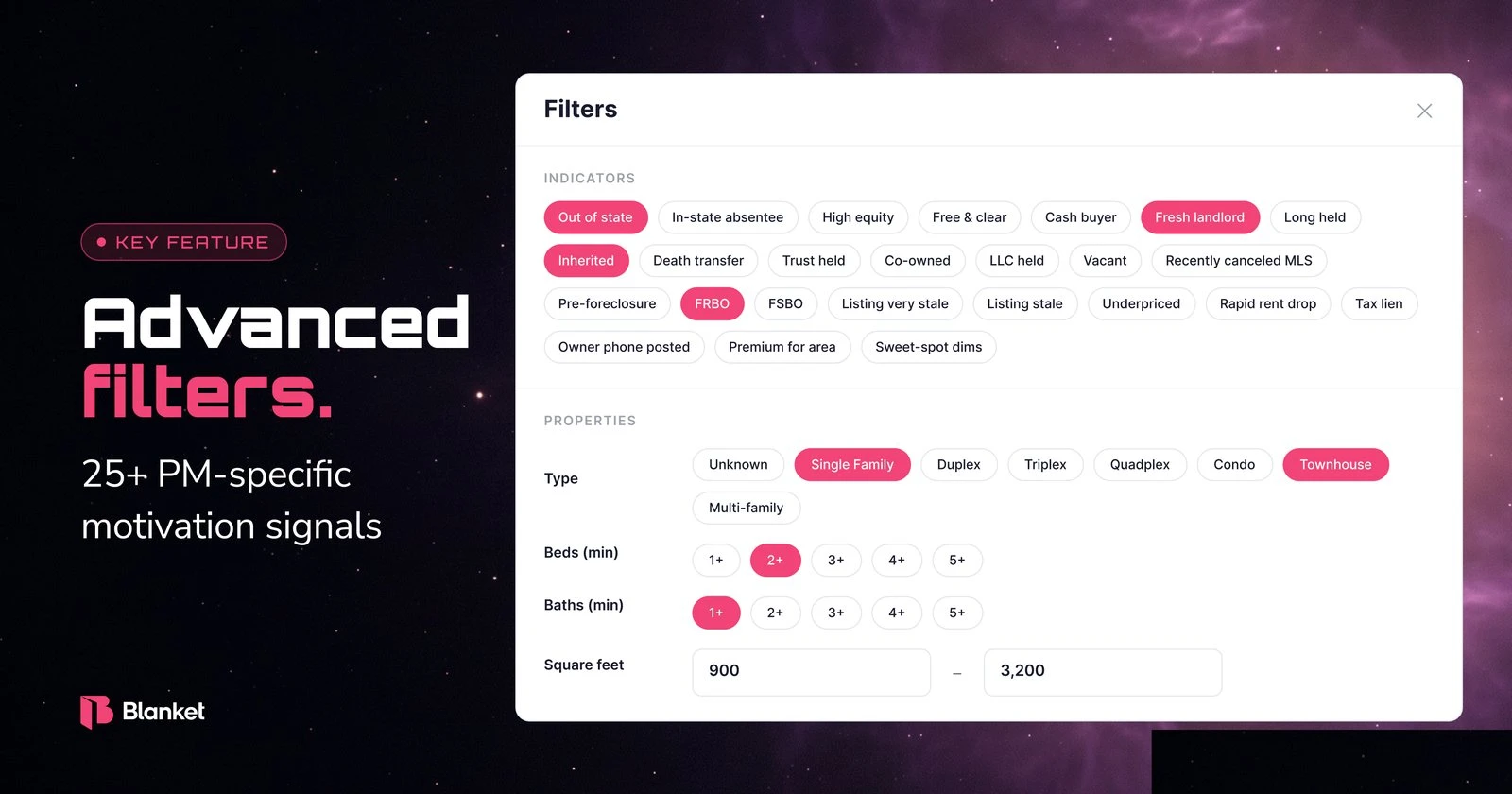 Lead Finder key feature: advanced filters with 25+ property-manager-specific motivation signals