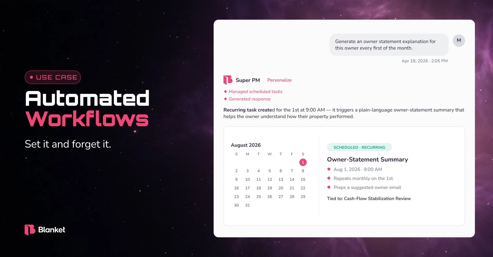 Super PM use case: automated workflows, with a monthly owner statement summary set up as a recurring task