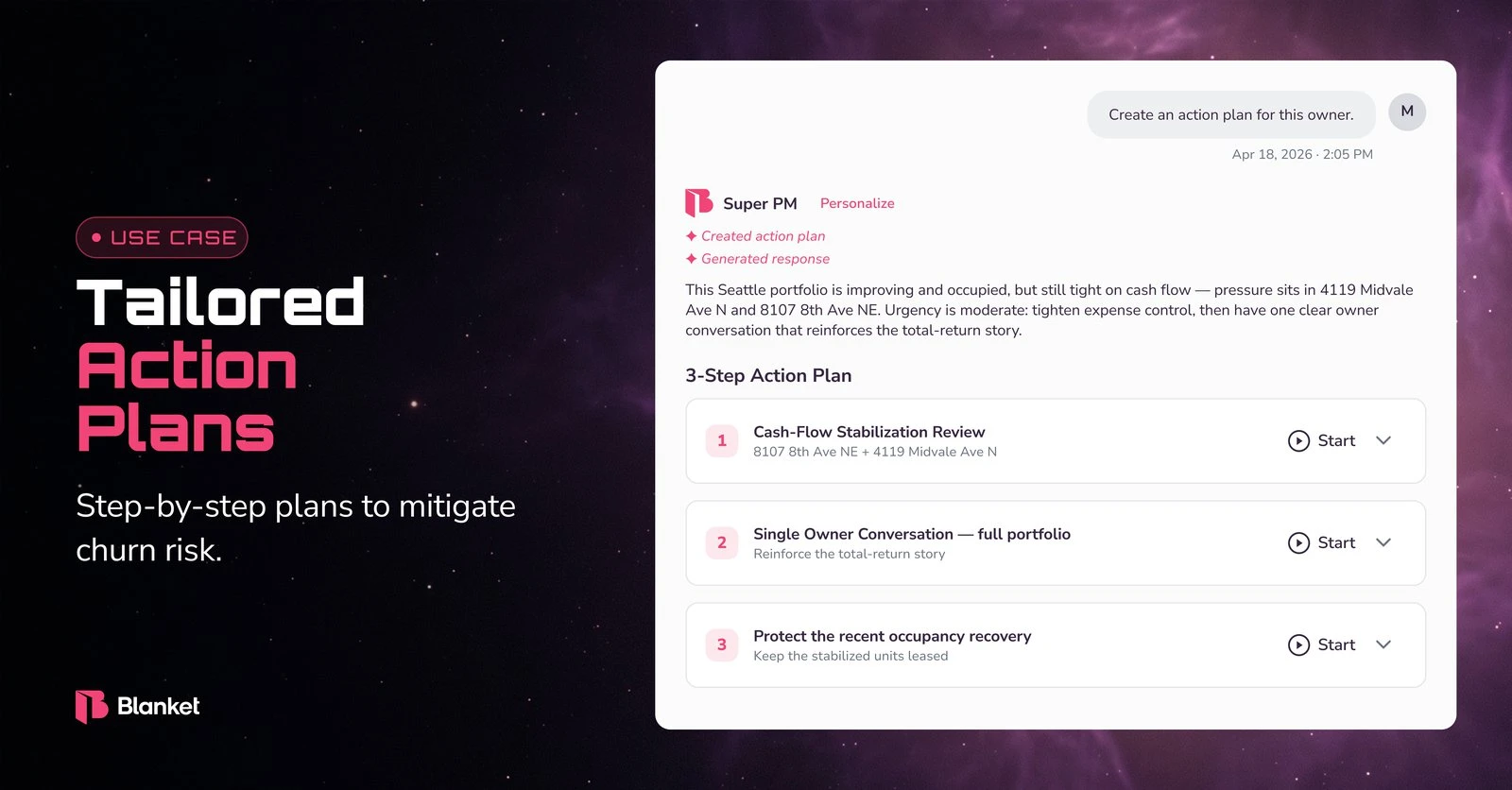 Super PM use case: tailored action plans, a step-by-step plan for an owner’s churn risk