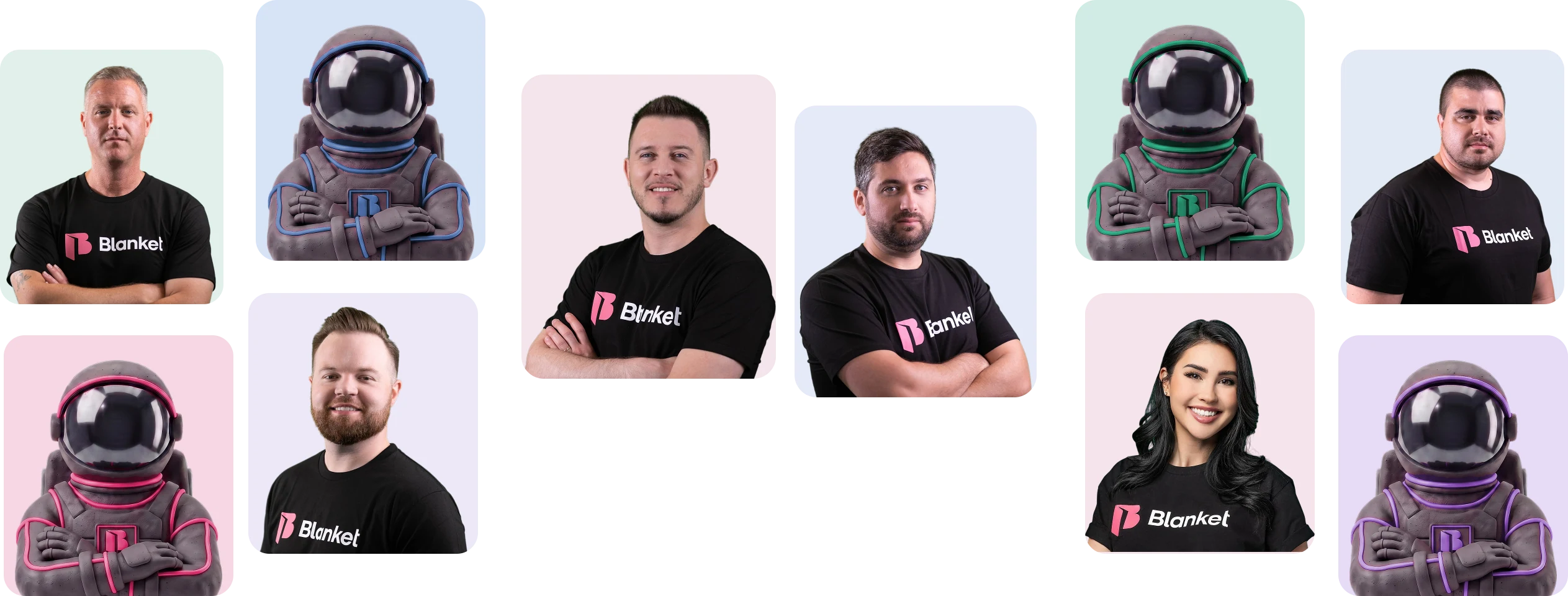 Collage of the Blanket team: cutout portraits of team members in Blanket t-shirts alongside clay astronauts