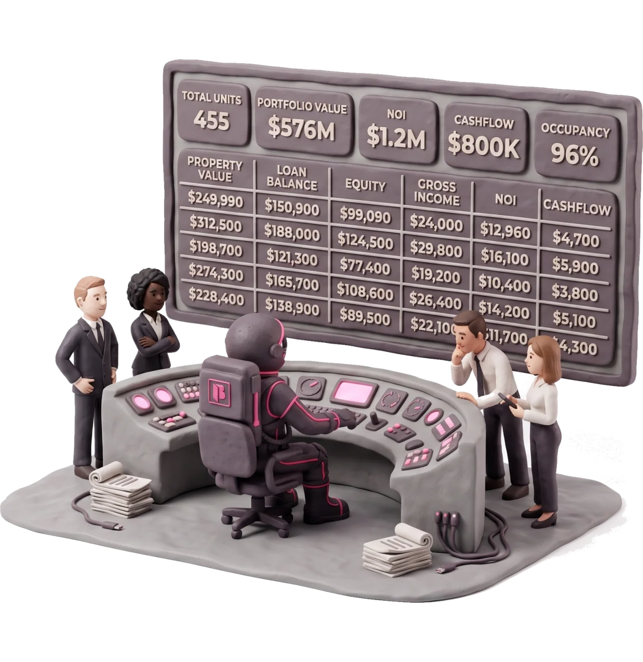 Clay illustration of astronauts reviewing a wall of portfolio performance metrics from a control desk