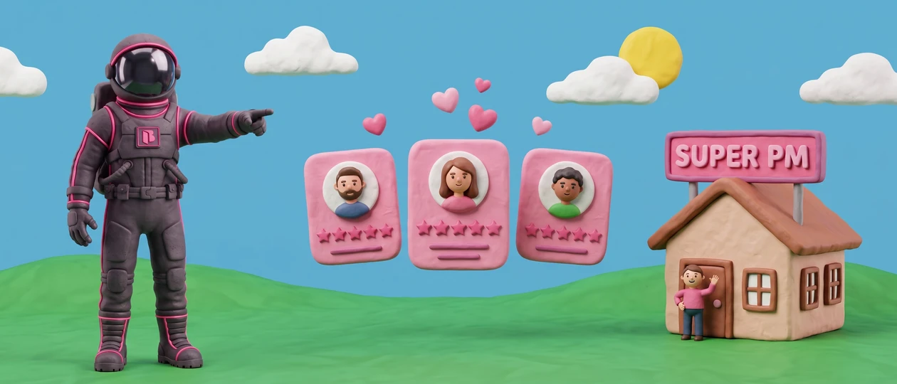 Clay scene of a Super PM astronaut presenting owner cards with five-star reviews