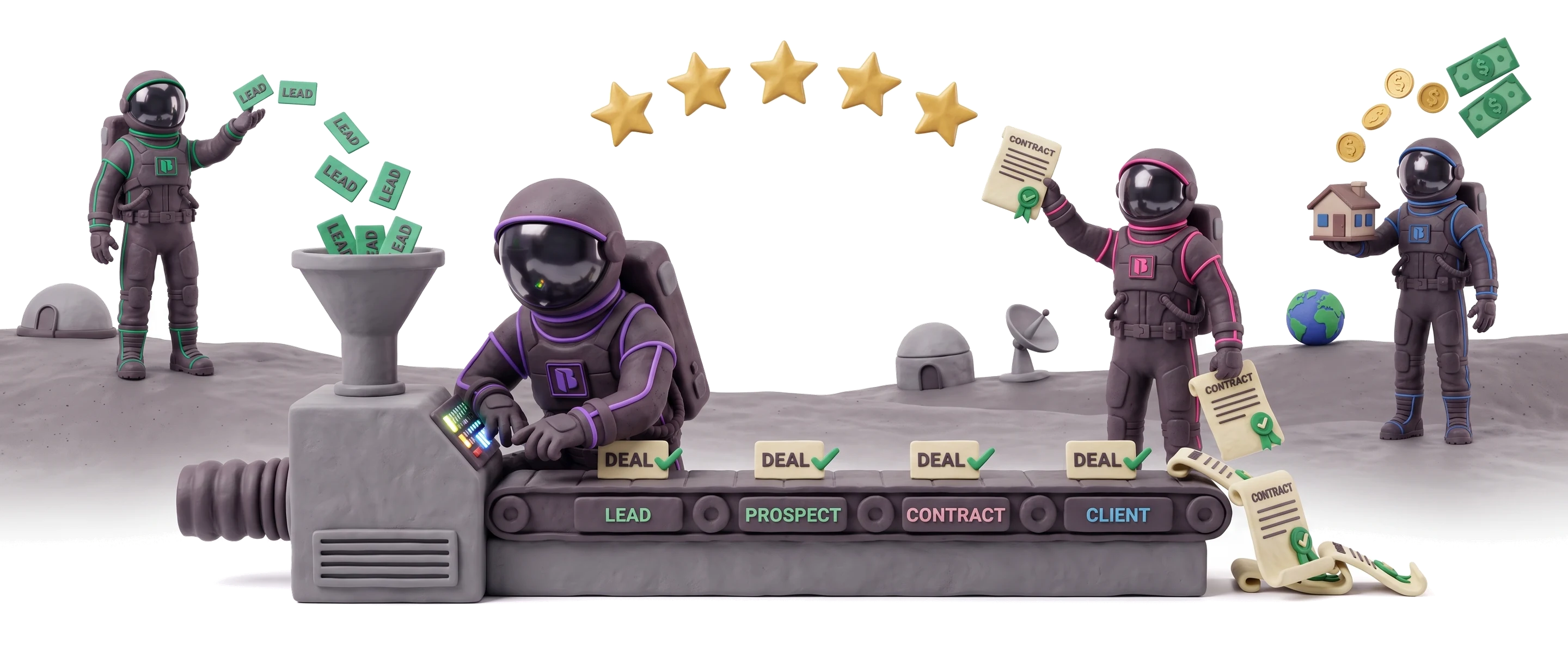 Clay illustration of the Blanket AI pipeline: astronauts moving leads along a conveyor from lead to prospect to contract to client