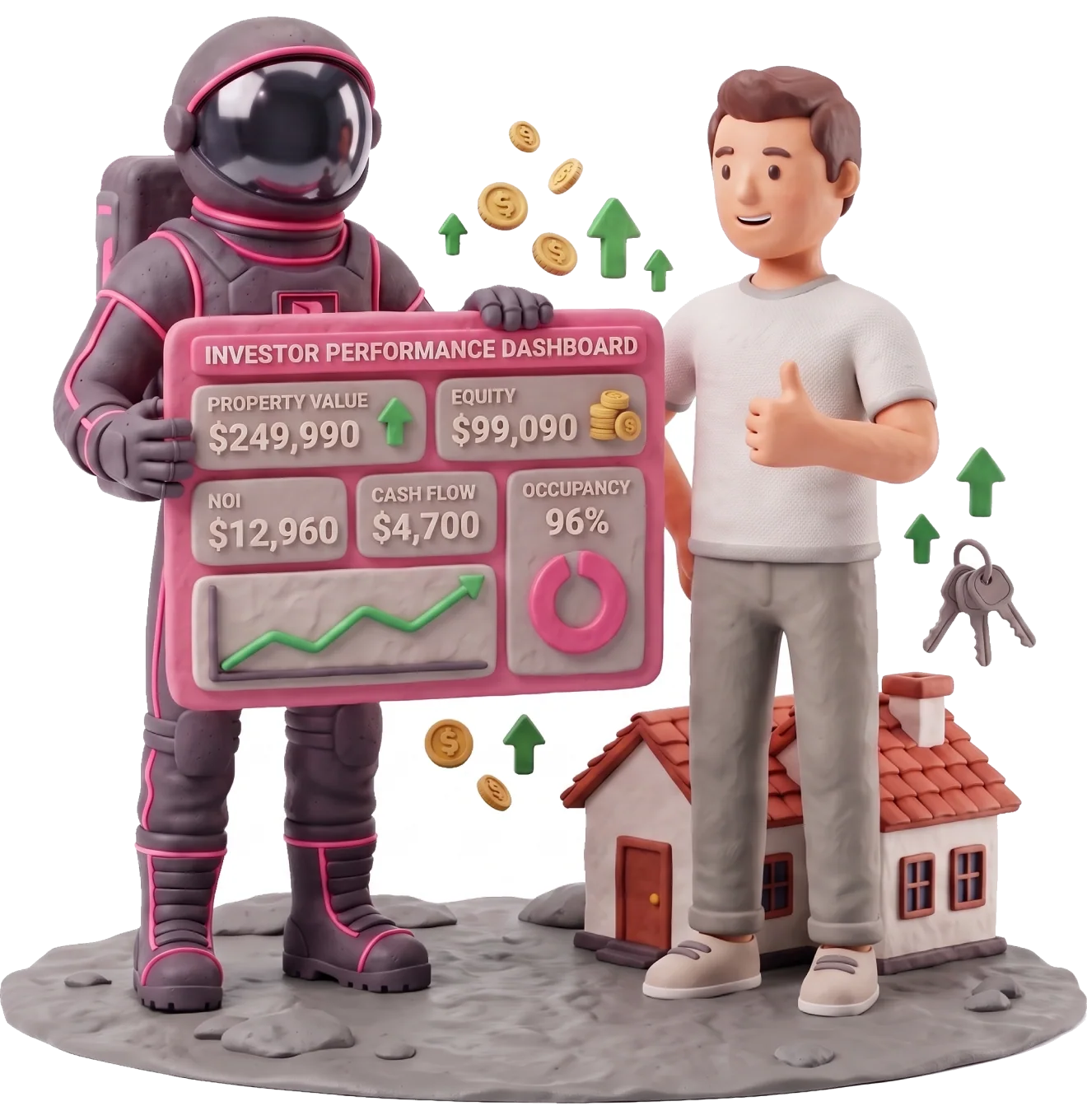Clay illustration of an astronaut and a property owner reviewing a branded investor dashboard beside a house