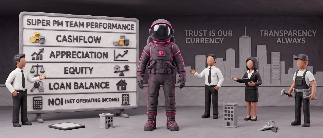 Clay scene of an astronaut presenting a team performance board with cashflow, appreciation, equity, and loan balance