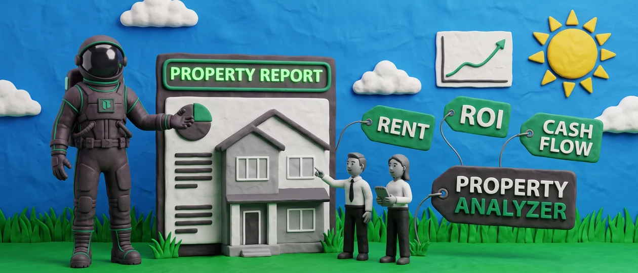 Clay scene of astronauts presenting a property report with rent, ROI, and cash-flow callouts