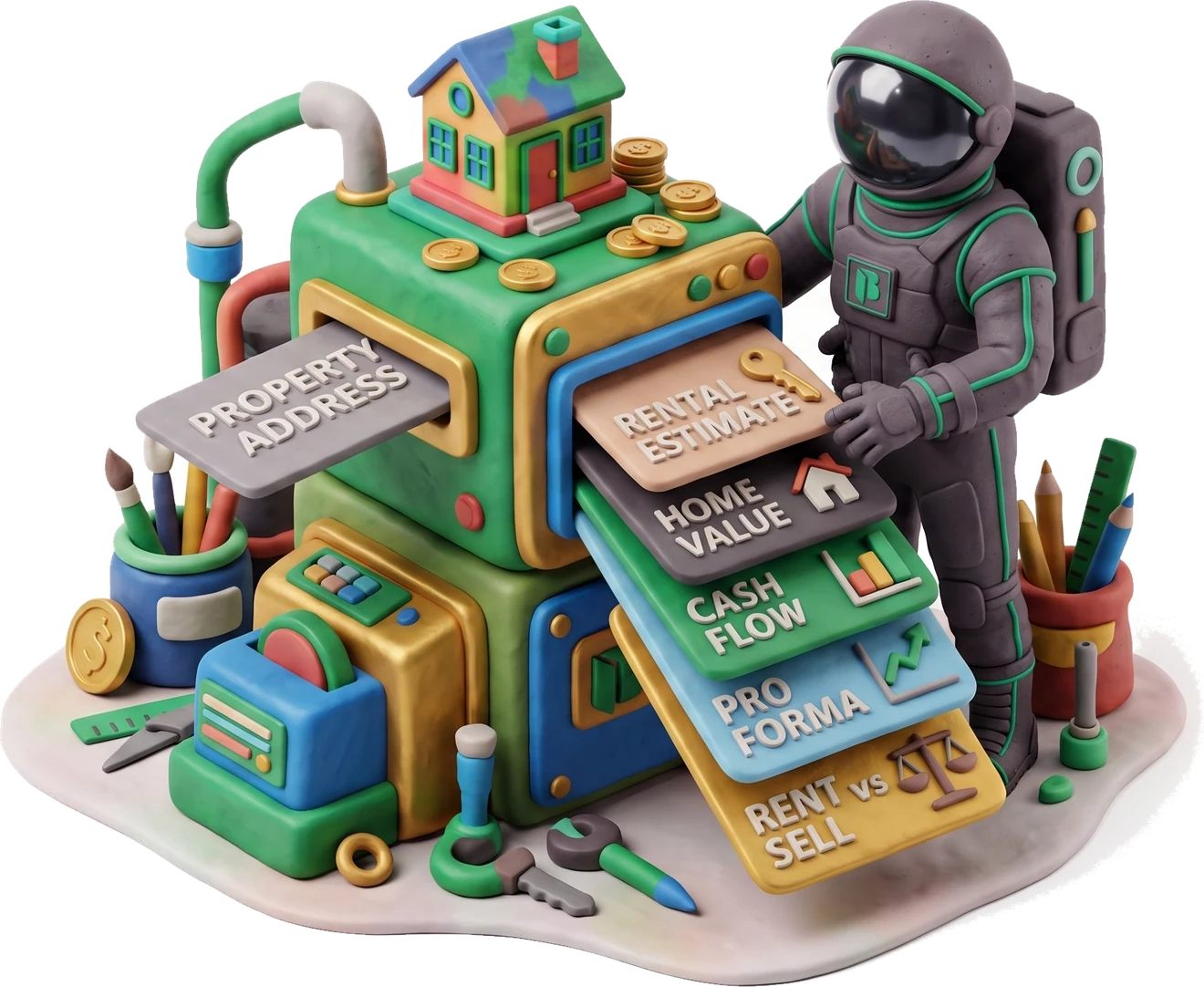 Clay illustration of astronauts assembling a Property Analyzer report machine