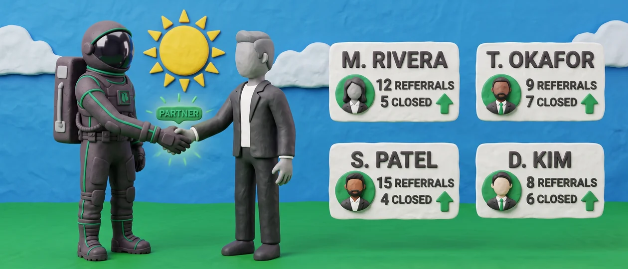 Clay scene of astronauts shaking hands beside a board of referral partners