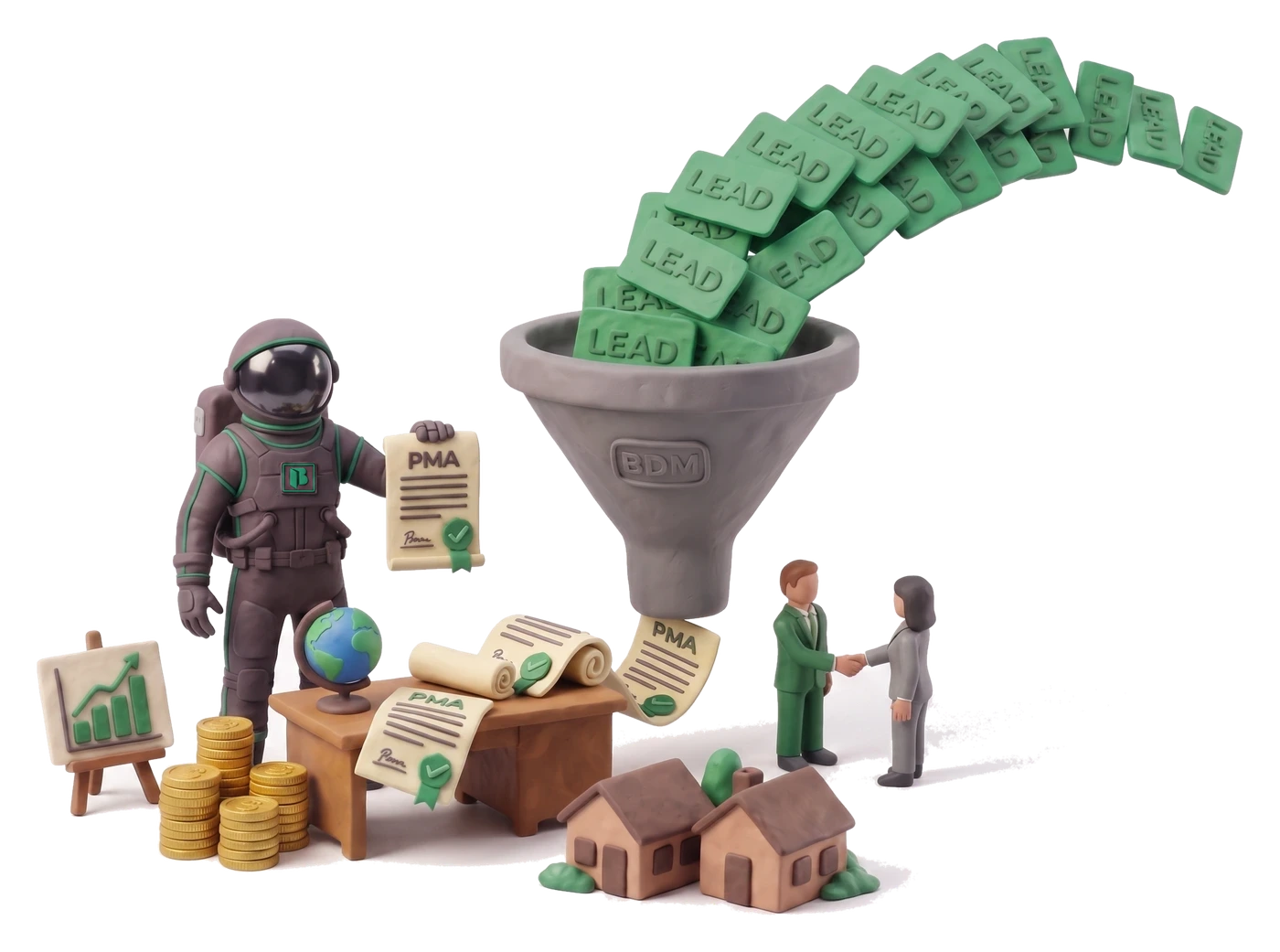 Clay illustration of a Super BDM astronaut feeding leads into a funnel that turns them into signed agreements