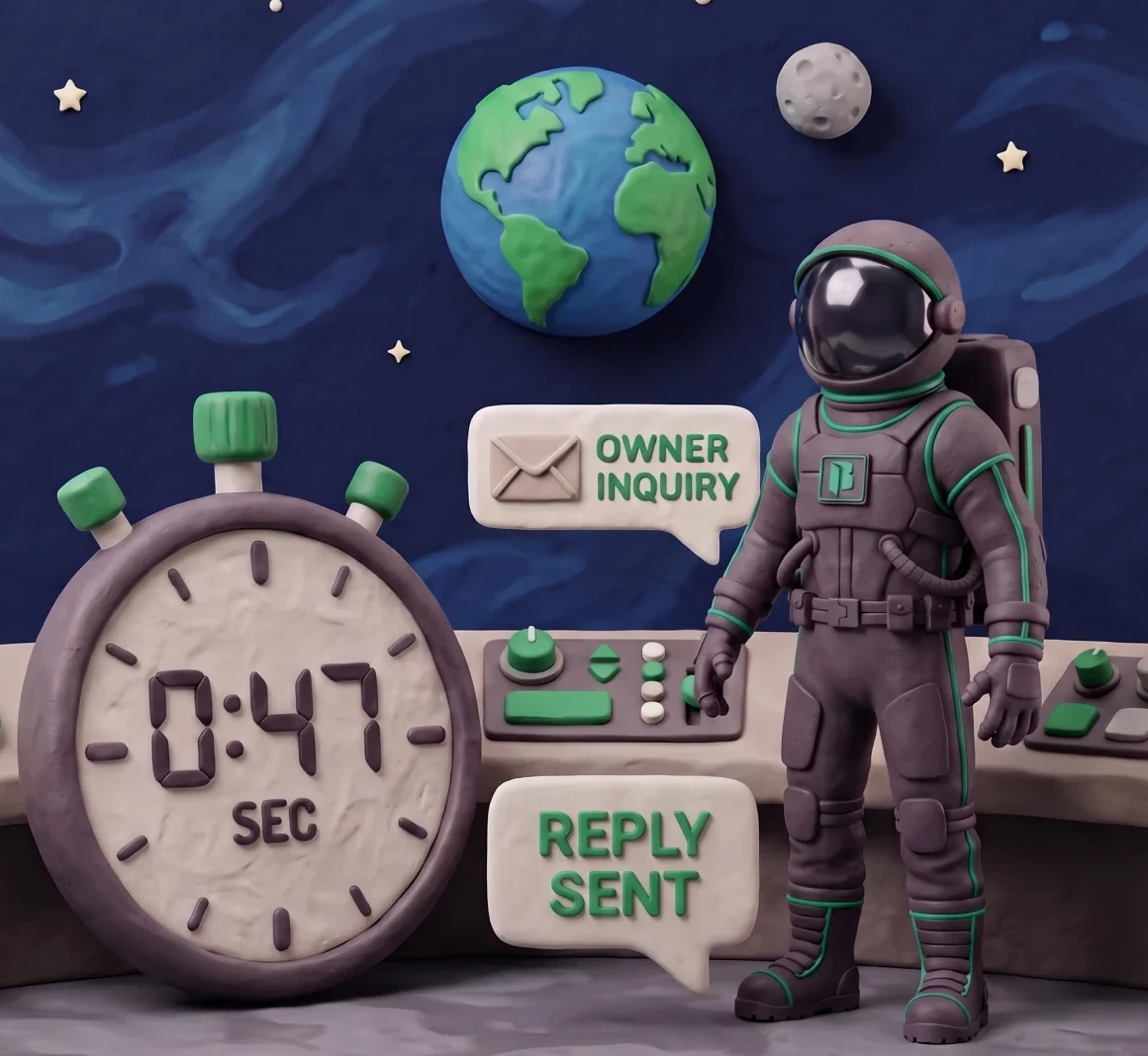 Clay illustration: a Super BDM astronaut answers an inquiry instantly, day or night