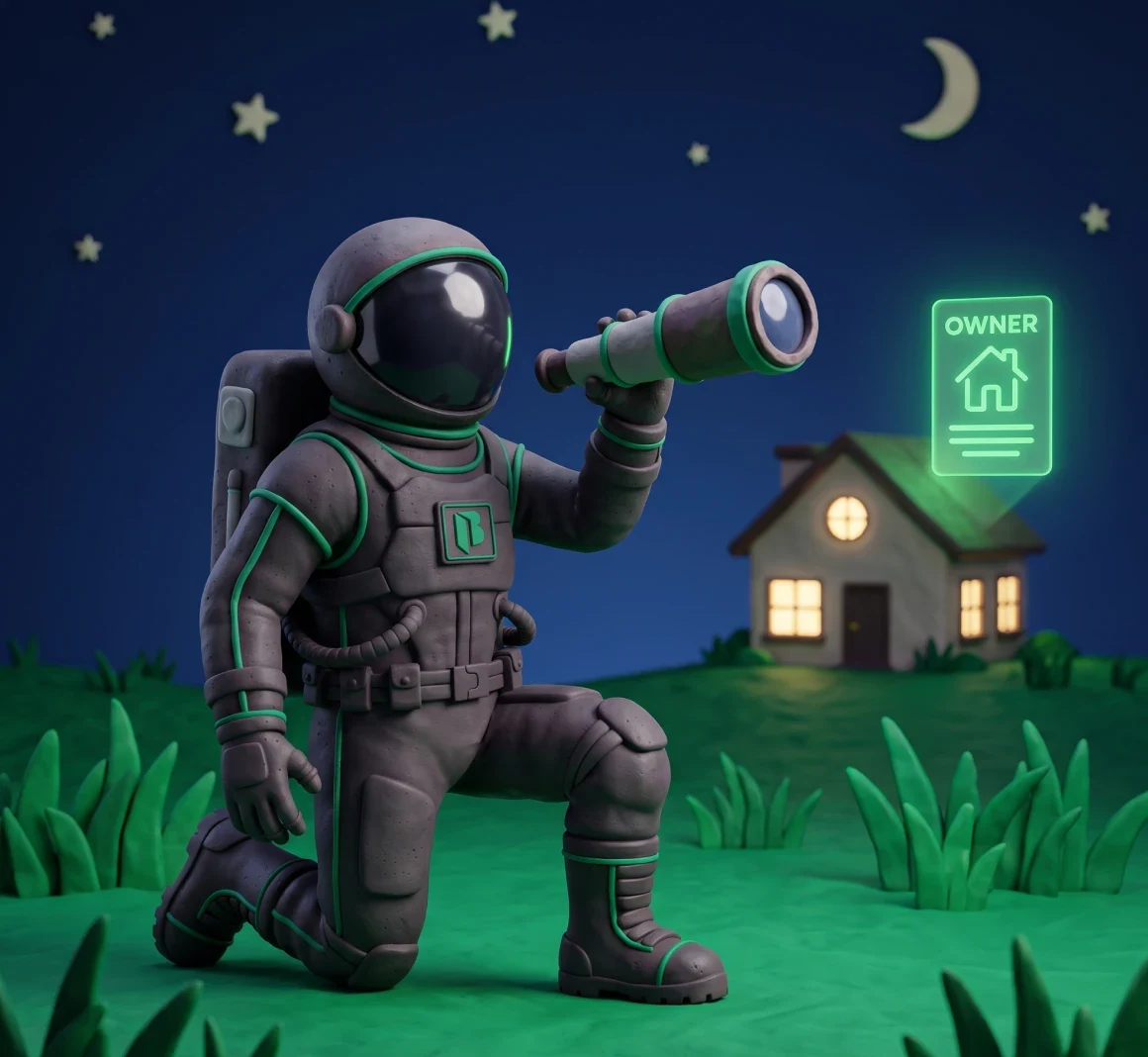 Clay illustration: a Super BDM astronaut scans the night sky with a telescope, spotting owner opportunities