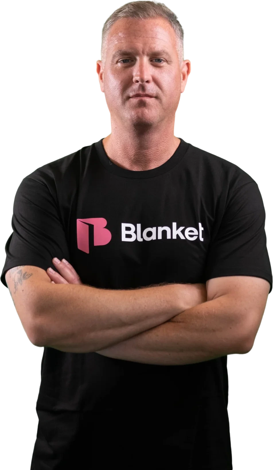 Jeff Grice, who leads Blanket Advisory, wearing a Blanket t-shirt with arms crossed