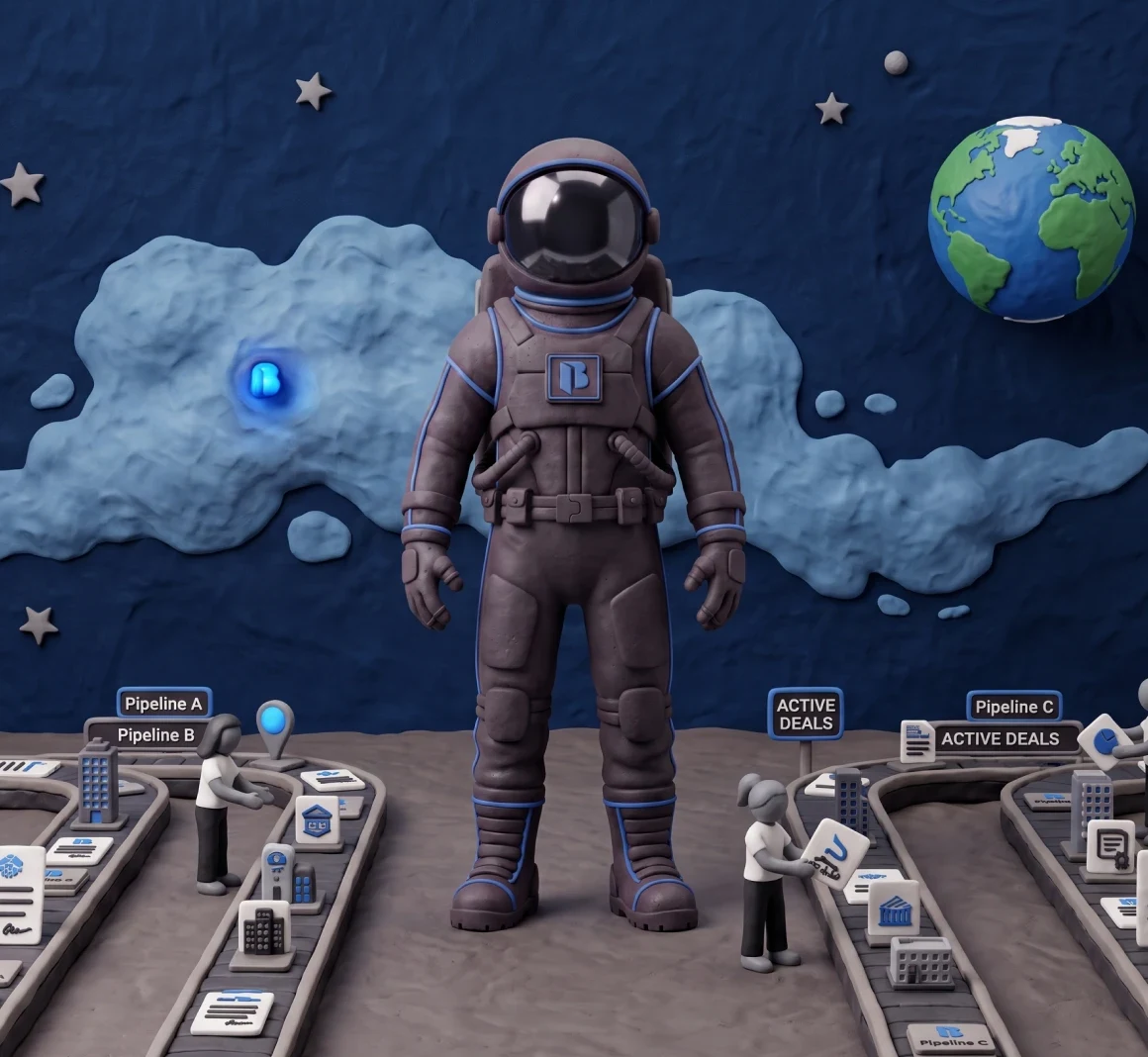 Clay scene: a Super Broker astronaut oversees multiple deal pipelines moving forward at once
